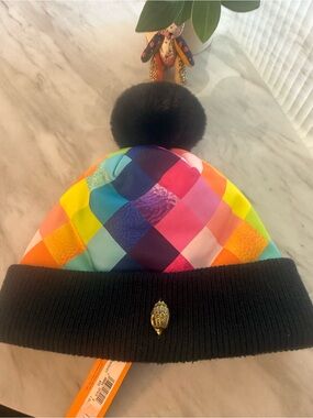 NWT Kurt Geiger Black Cuff Pom Beanie with Multicolor Diamond Print